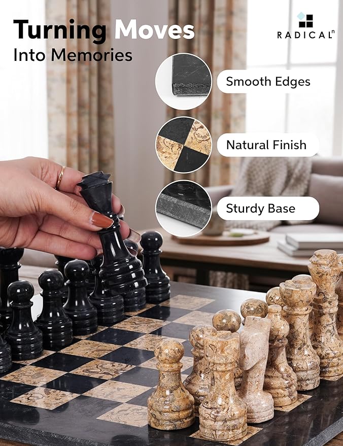 Radicaln Marble Chess Set 15 Inches Black &amp Coral with Storage Box Handmade Classic Board Games for Adults Luxury Marble Chess Board &amp Chess Pieces for Gifts