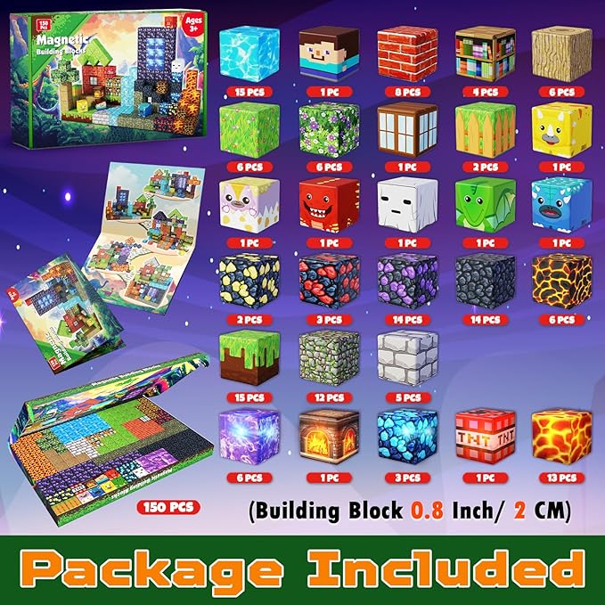 150 pcs 0.8inch Magnetic Blocks with 24 Light Blocks - Easter Toys for Kids Boys and Girls Magnetic Building Blocks Cubes Stacking Magnets Birthday Gifts for Boys and Girls Age 3+ Years Old
