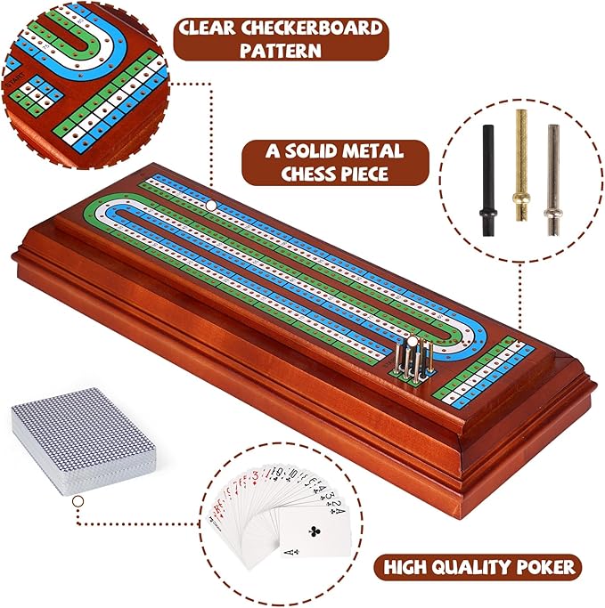Wooden Cribbage Board Game Set with Cards and Metal Pegs 3 Track Cribbage Board with Storage Drawer Portable Travel Cribbage Set for Adults Families Seniors Camping &amp Game Night