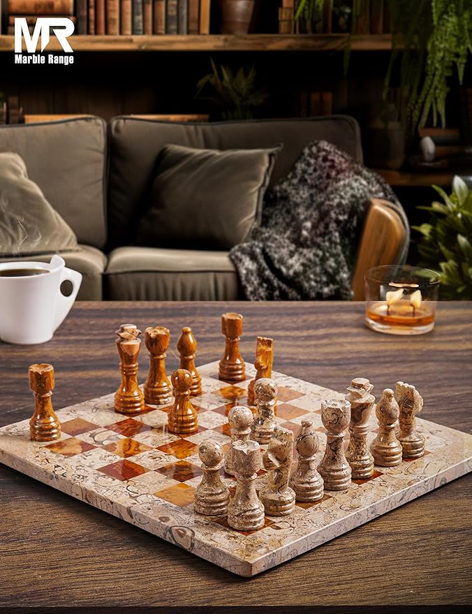 Marble Chess Set 12 Inch Handmade Coral &amp Dark Brown Board Game with Storage Box Classic Travel Chess Set for Adults with Pieces &amp 2 Extra Queens Elegant Home Décor