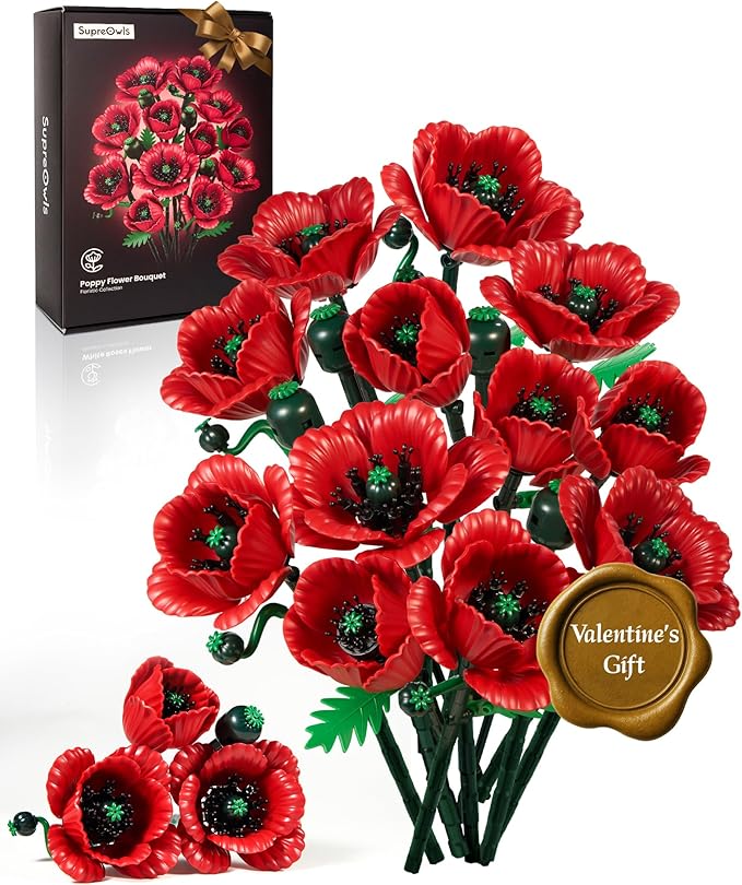 iATOM Red Poppy Flower Bouquet Building Set 12Pcs Artificial Botanical Collection for Adults - Gift for Valentine's Day for Her/Mom/Girlfriend/Wife/Couple Home Table Centerpiece Decor Aesthetic