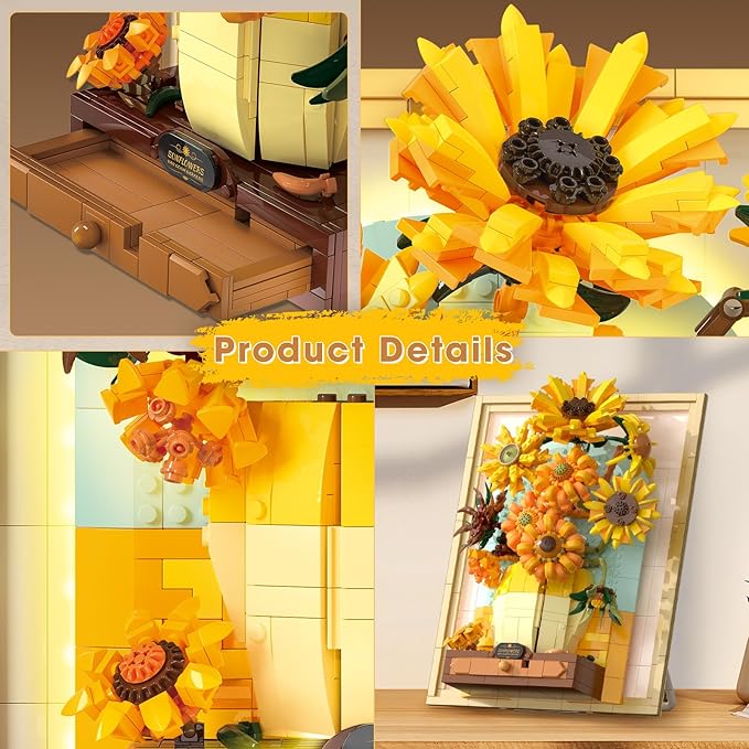 Building Block Sets Van Gogh Sunflower Painting Building Toys with Sensor Light 1166 Pcs 3D Framed Wall Art for Adults DIY Model Kit for Home Office Decor Gift for Women &amp Art Lovers