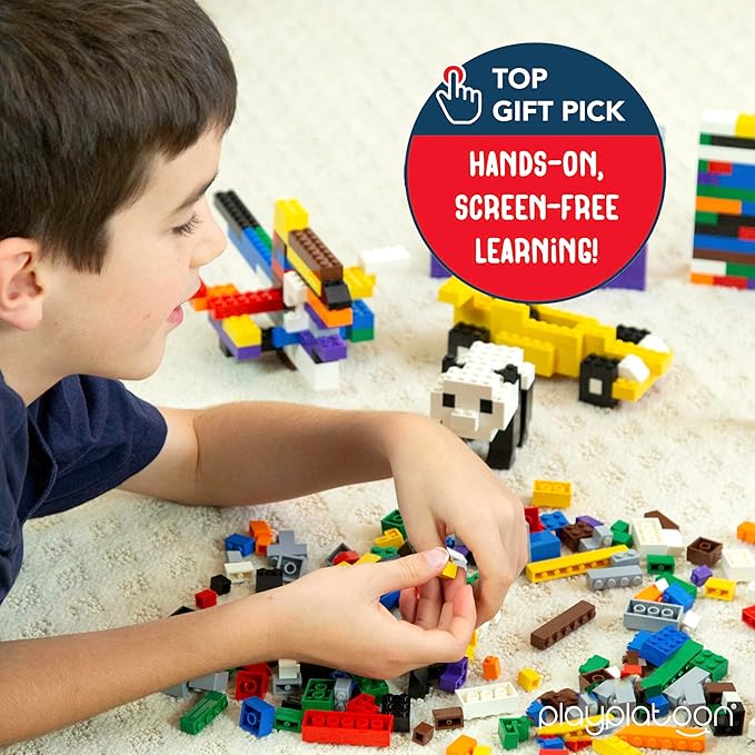 Play Platoon 1100 Pieces Building Bricks Set - 10 Classic Color Blocks - Bulk Building Blocks Compatible with Major Brands - 14 Different Shape Bricks - Includes Wheels Tires Axles Windows &amp Do