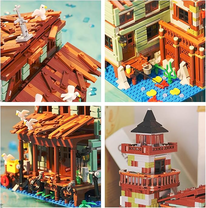1881PCS Fishing Village Wood Cabin mini Building Blocks Toys with Led LightingCreative Ideals Fishing House Building Sets Best Choice for 6+ Boys Girls or Adults(Not Compatible with Lego)