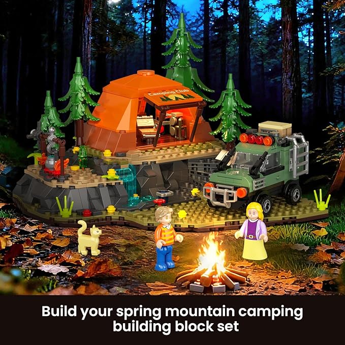 Mountain Camping Building Blocks Set - 677PCS Outdoor Adventure Scene Construction Toy with Tent Camping Car &amp Campfire Desktop Decoration for Kids &amp Adults Creative Gift for Camping Lovers