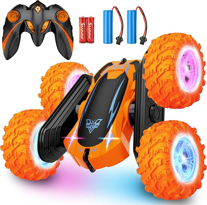 Remote Control Car 2.4GHz Electric Race Stunt Car Double Sided 360° Rolling Rotating Rotation LED Headlights RC 4WD High Speed Off Road Gift for 3 4 5 6 7 8-12 Year Old Boy Toys (Orange)