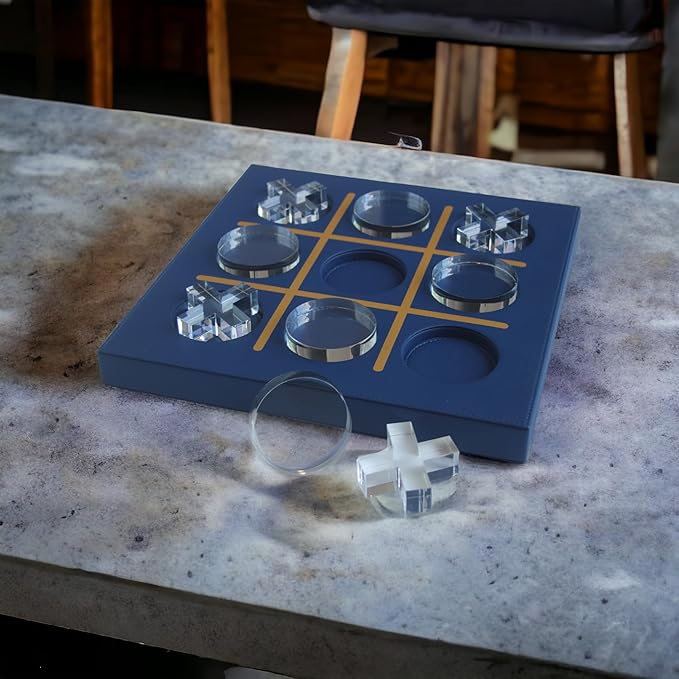 Modern Tic Tac Toe for Home Decoration with Blue Leather and Acrylic Pieces Decorative Table Top Housewarming Gift