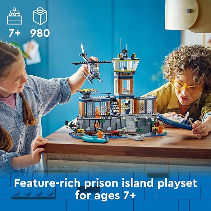 LEGO City Police Prison Island Building Set Birthday Gift for Boys and Girls Ages 7 Plus Imaginative Play Helicopter Toy Boat Toy and Dinghy 7 Minifigures with Dog and Shark 60419