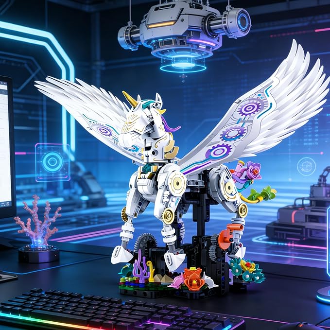 Unicorn Building Set for Adults with Flower Display Mechanical Linkage Rainbow Animal Figures Kit Compatible with Lego Home Office DecorGift for Animal Lovers