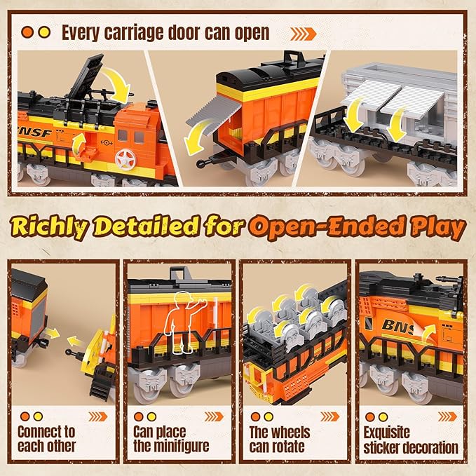 City Train Building Set Stem Trains Building Toy for Boys Girls Ages 6-14 BNSF Freight Trains Model for Kids and Adult Stem Locomotive Train Building Blocks Christmas Birthday Gifts 635 PCS