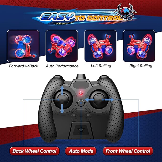 Remote Control Car RC Cars ToysCool Rechargeable Stunt RC Car with 360 Flips 4WD Wheel With Bright lightFun Outdoor Toys Gifts for Kids Birthday or Chritmas 4-6 6-8 8-12 Years Old (Blue-Red)