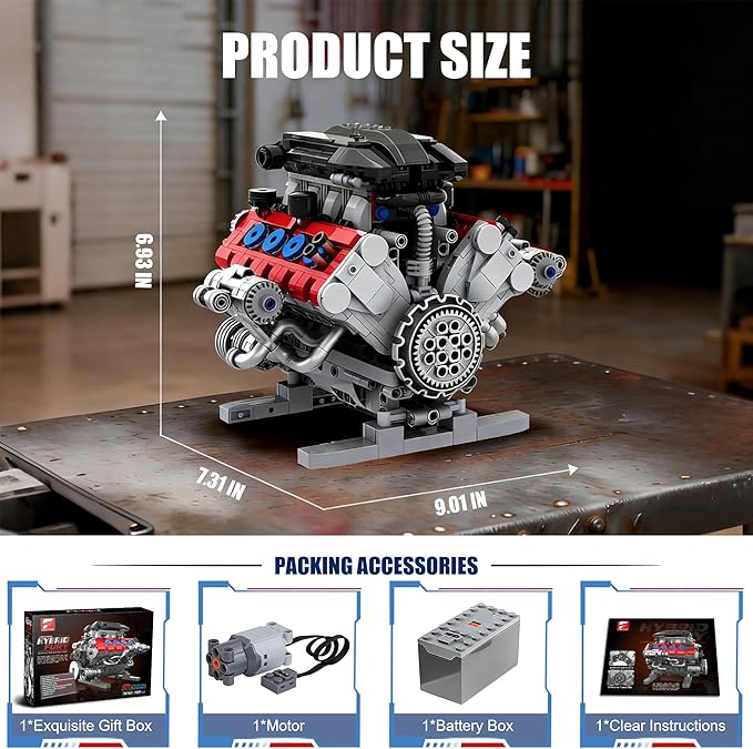 V8 Engine Building Set for Adults Build Your Own MOC Mini V8 Engine STEM Model Toy with Motor Model kit That Run Car Engine Building Blocks for Teens &amp Kids Boys (1189PCS)