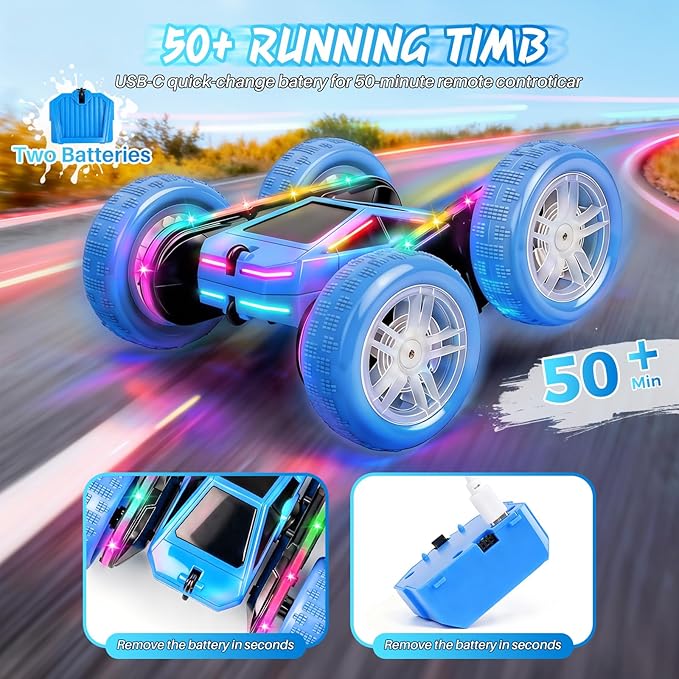 Remote Control Car Rc Cars Stunt RC Crawler Toys 4WD 360° Rotating with LED Light-Up Wheels &amp Remote Control for 6-12 for Boys Birthday Gift (Blue)