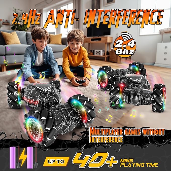 RC Stunt Car 2.4GHz LED Gesture Sensing 4WD Double Sided Rotation with Lights and Music All Terrain Rotation Drift Car - Birthday Gifts for Boys &amp Girls (Black)