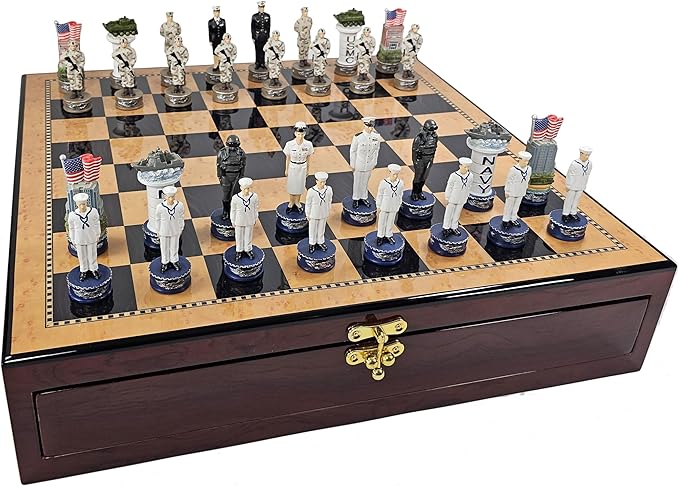 US Military Chess Set Army Navy Air Force or Marines. Choose 2 Branches of Men with 17 inch Walnut Color Storage Board (Navy vs Marines)