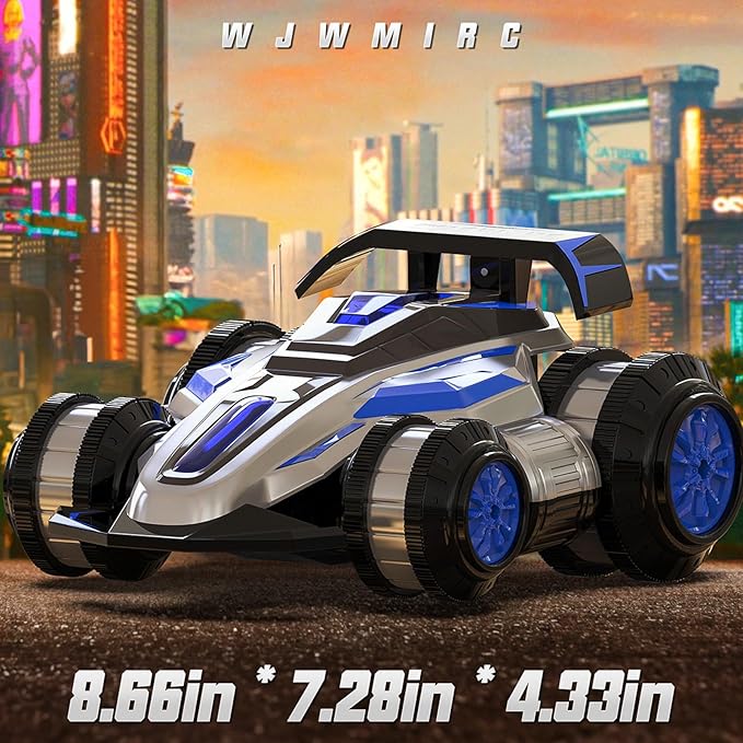 1:14 Remote Control Roll Stunt Car for Boys 360°Rotating 4WD RC Cars with Lights Music Upright Walking Four-Wheeled Rollover Toy Car Presents for Age 6-12（Blue）