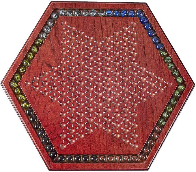 AMEROUS 13.6 inches Wooden Chinese Checkers Board Game Set with 60 Colorful Glass Marbles Classic Strategy Game for Kids Adults Whole Family Play (Up to Six Players)