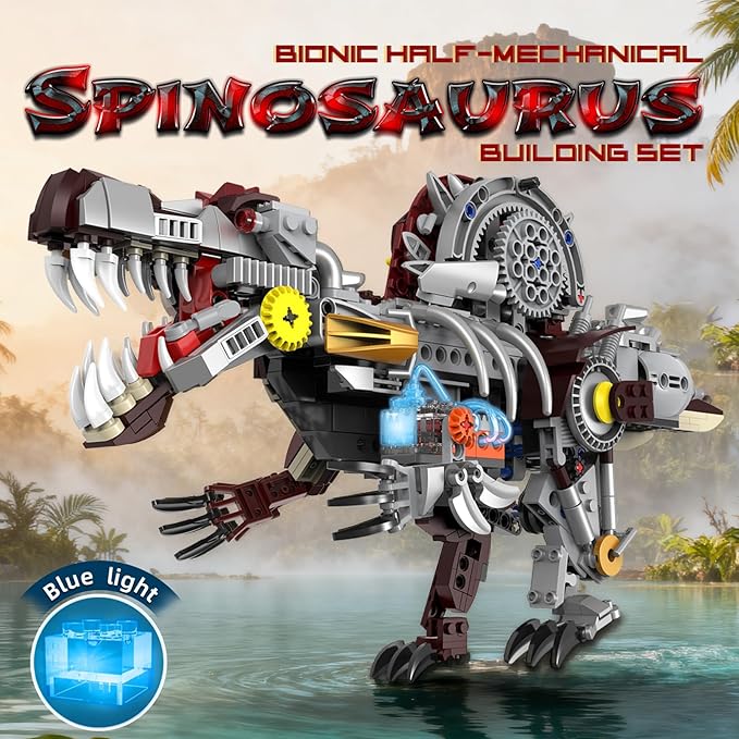 Mechanical Spinosaurus Dinosaur Building Set with Lights Rotatable Components &amp Display Stand STEM Building Set for Boys 8-14 Home Office Decor for Adults Mechanical Enthusiasts（742PCS）