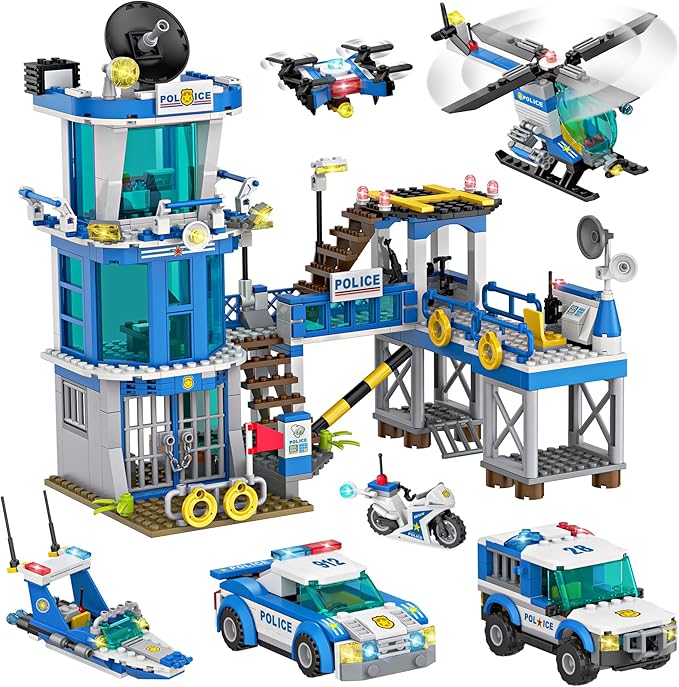982Pcs City Police Station Building Toy Set - 6-in-1 Emergency Rescue Center with Police Car Boat Helicopter &amp Motorcycle - STEM Police Playset Gift for Kids Boys Girls Ages 6-12