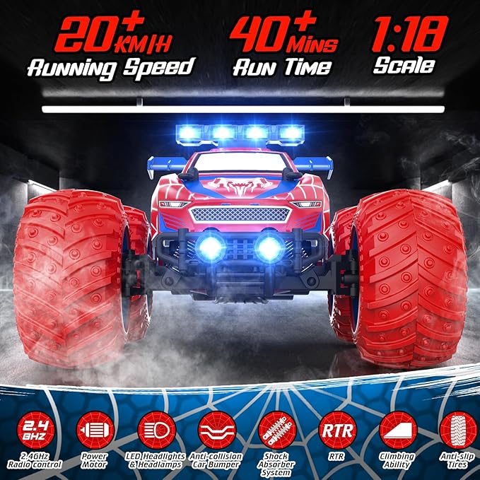 1:18 Remote Control Car - 20km/h 2.4GHz All Terrain Off-Road Monster Truck with Bodylights&ampHeadlights &ampHeadlamps Rechargeable Toy Car Gift for 3 4 5 6 7 8 9 10-12 Year Old Boys Girls Kids
