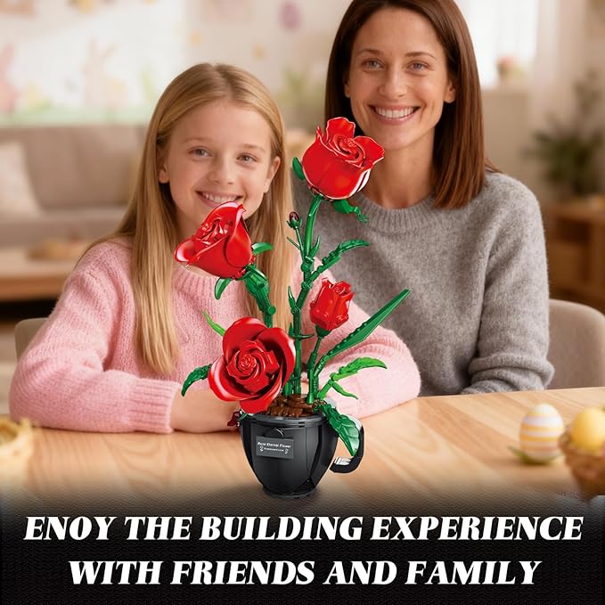 Red Roses Flowers Building Block Set with Coffee Cup Vase for Adults Compatible with Lego Flower 450PCS Rose Botanical Collection Kit for Valentine's Day Home Decor Gift for Girlfriend/Wife/Mom