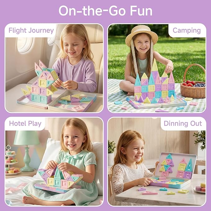 Mini Magnetic Tiles Girls Travel Set: 40 PCS Macaron Building Block with Tin Box - 90 Mins Quiet Play 45s Cleanup - Fly Trip Road Trip Toys for Kids Age 3 4 5 6