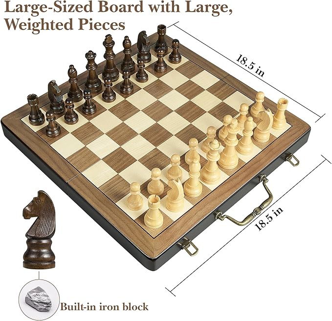 18.5 Wooden Chess Set with HandleChess Sets for Adults Kids Portable Folding Board Games with 4.5 King 2 Extra QueensHandmade Weighted Large Pieces with Storage Slots