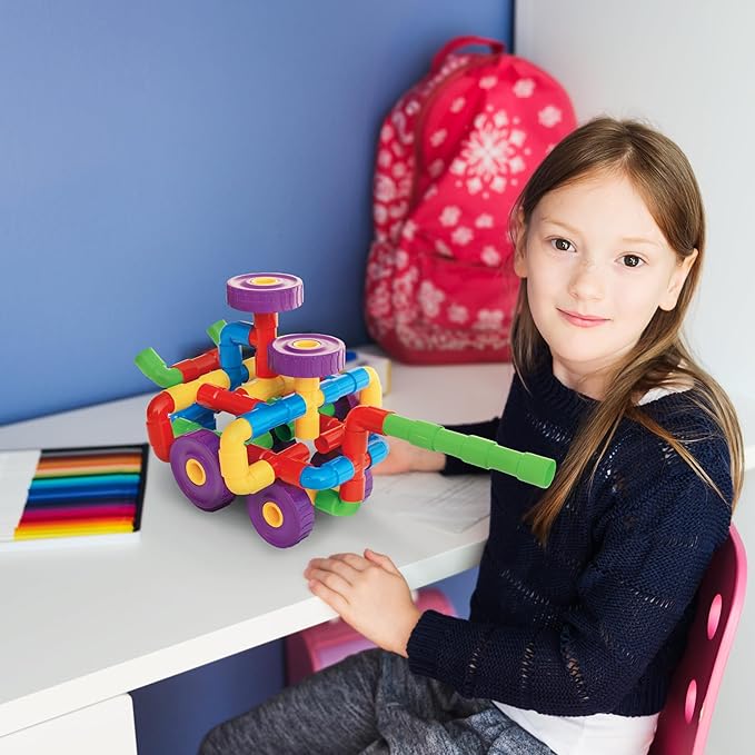 PicassoTiles PTT136 136pcs Tubular Pipes &amp Spout STEAM Interlocking Educational Building Block Set Tube Locks Pipeworks Construction Blocks w/Storage Container Box Idea Book Flute Musical Kit