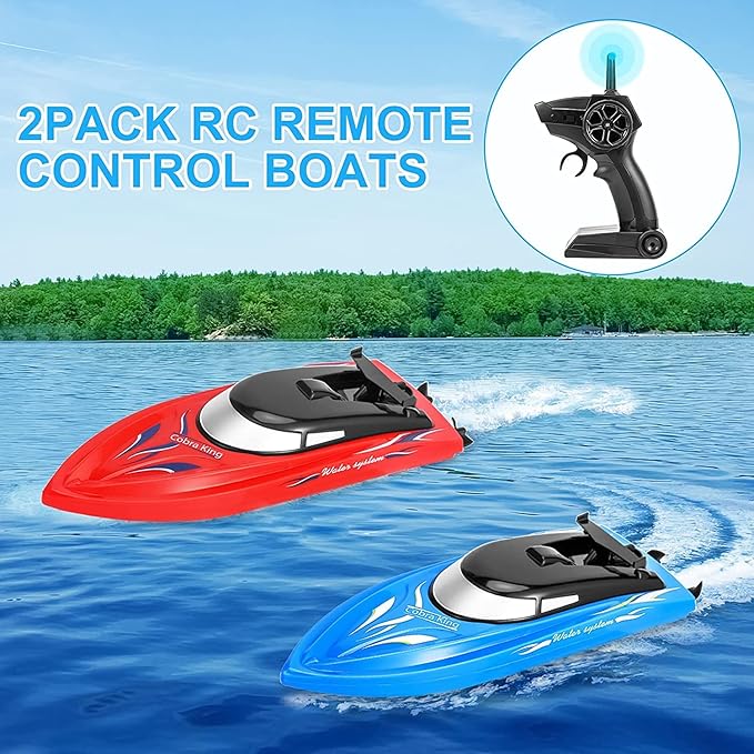 2PACK RC BoatRemote Control Boats for Kids and Adults10km/H 2.4G High Speed Remote Control BoatFast RC Boats for Pools and Lakes with 4 Rechargeable Battery.(Blue+Red)