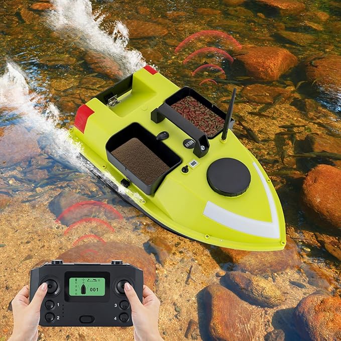 RC Bait Boat 600m/1968ft Long-Distance Control Surf Fishing Bait Boat 4.4LBS Loading Capacity with Dual 5200mAh Battery and LCD for Lake/Ocean Angling Auto Navigation (Green with light strip)