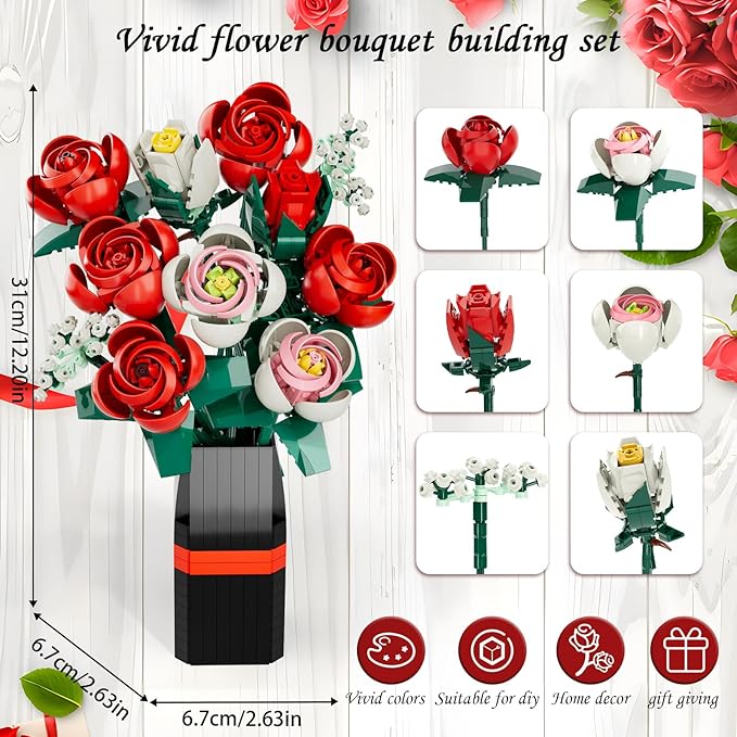 Flower Bouquet Building Set Artificial Roses Toy Building Set with Vase Building Blocks Flower Brick Toys for Home Office Decoratin Christmas Mother's Day or Valentine's Gifts 841 PCS