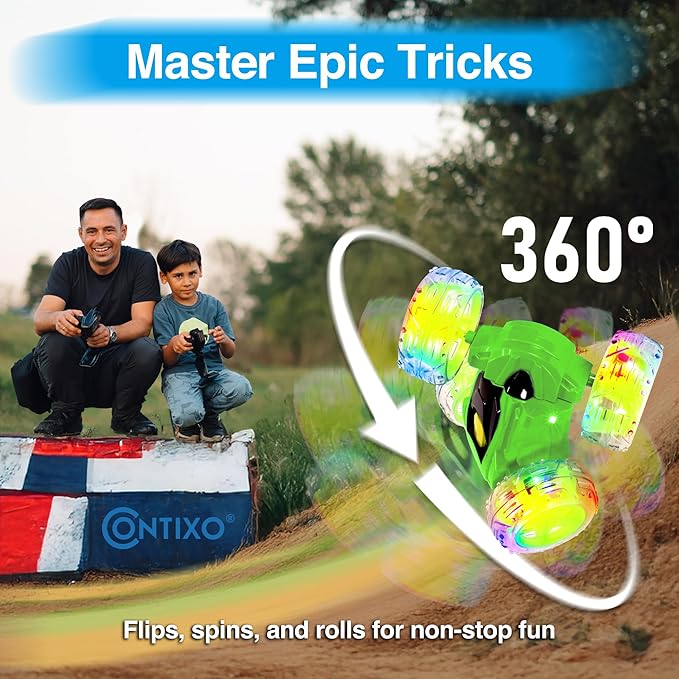 Contixo SC3A Toy Remote Control Car for Kids with Double-Sided 360° Rotating Stunt 4WD Off-Road RC Cars with LED Lights Birthday for Boys and Girls Ages 4 5 6 7 - Green