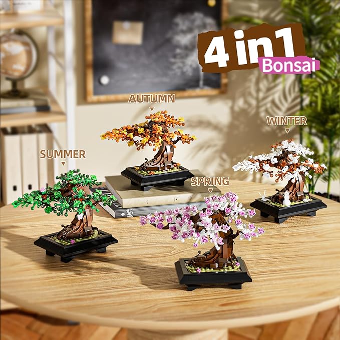 4 in 1 Bonsai Tree Building Set Four Season Cherry Bonsai Tree Building Kit Artificial Plant Decor for Home Desk Greenery Mother's Day Present Xmas Gifts for Adults Girls&ampBoys (529pcs)