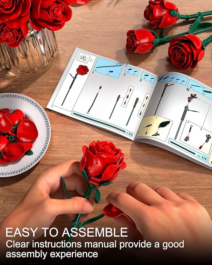 Red Rose Bouquet Building Set 12 Artificial Roses Flower Building Blocks for Adult Women Botanical Collection Home Decor Romantic Gift for Mother's Day Valentine's for Adults Girls (512 PCS)