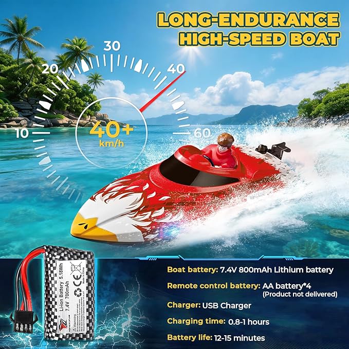 25KMH RC Remote Control Boat with LED Lights Self-Righting Low Battery Alert 2.4GHz with 800 mAh Lithium battery Waterproof Electric Fast Speed Boat for Pool &amp Lake Toy for Boys Girls Red