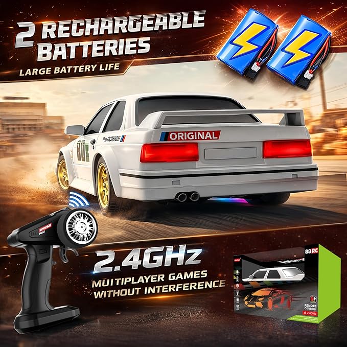 RC Drift Car 2.4GHz 1:16 Scale 4WD 30KM/H High Speed Remote Control Cars Vehicle with LED Lights 2Pcs Rechargeable Batteries Drifting Tires Racing Sport Toy Cars for Adults Boys Girls Kids Gift