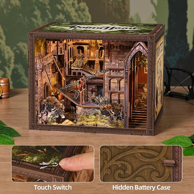 Book Nook Kit - 351 Pcs Wooden Miniature Kit with LED Lights Dust Cover &amp Medieval Details (Robin Hood)