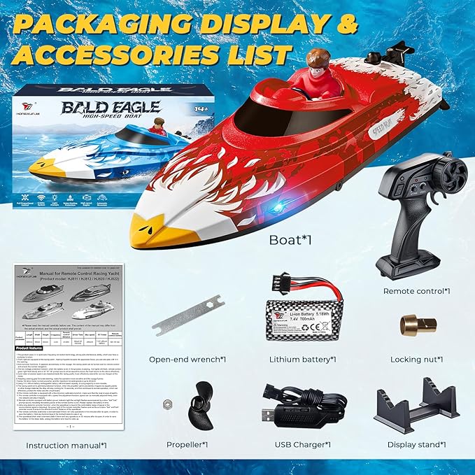 25KMH RC Remote Control Boat with LED Lights Self-Righting Low Battery Alert 2.4GHz with 800 mAh Lithium battery Waterproof Electric Fast Speed Boat for Pool &amp Lake Toy for Boys Girls Red