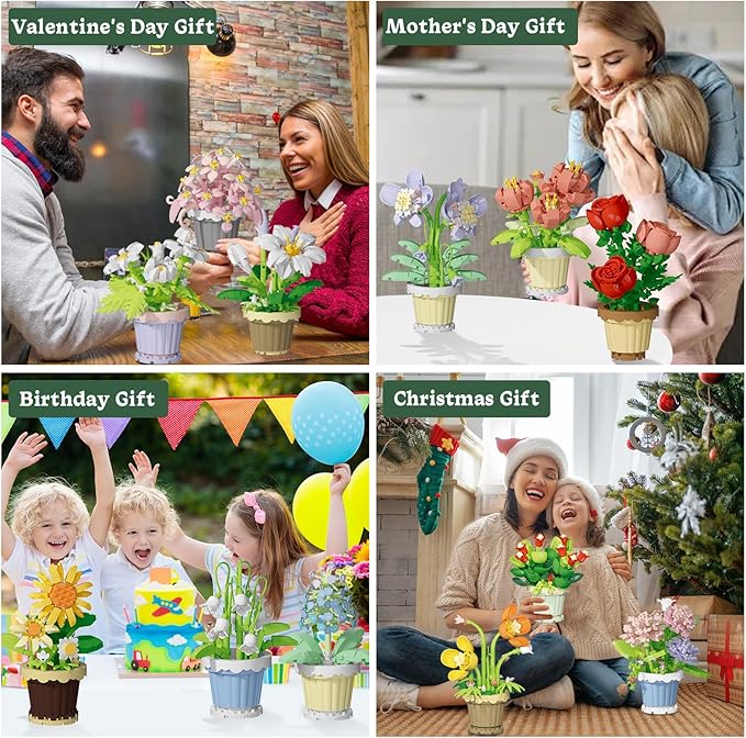 12 Pcs Flowers Bouquet Building Set2531 Pcs Flower Botanical Collection Building Block ToyMicro Plant for Home or Office Decor Mother's Day Valentine Christmas Birthday Gifts for AdultsGirls