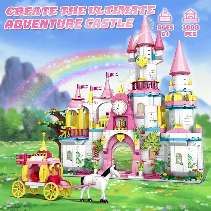 Castle STEM Building Toys for Girls Ages 6-12 Years Old 1000PCS Building Sets for Girls &amp Boys Pink Princess Castle Carriage Playset (Castle Building Blocks)