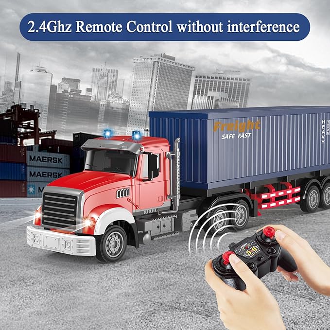 Mostop RC Semi Truck with Trailer - 22.5 Inch Remote Control Semi Truck Toy for Kids 1:24 Scale Container Truck with 2 Batteries Carrier Van Transport Vehicle with LED Light &amp MusicGreat Gift