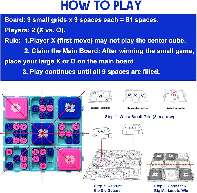 Tic Tac Toe Game Classic XO Strategy Game for 2 Players 9-in-1 Tic Tac Toe Fun Family Board Games Night Portable Set for Tables Cars Playgrounds Outdoors