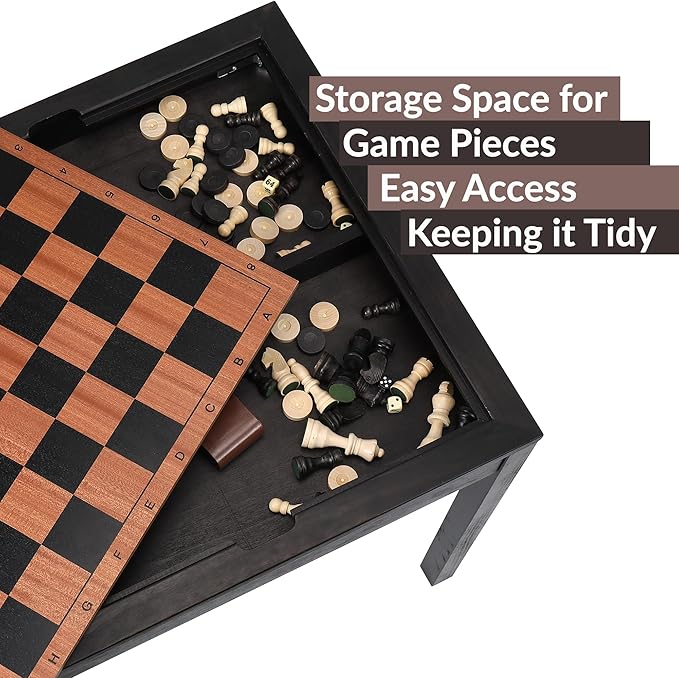 Sterling Games Wooden Chess Table | Chess Checkers and Backgammon 3 in 1 Combo Game Table Furniture Set 25 x 25 4 King Dark Zebra