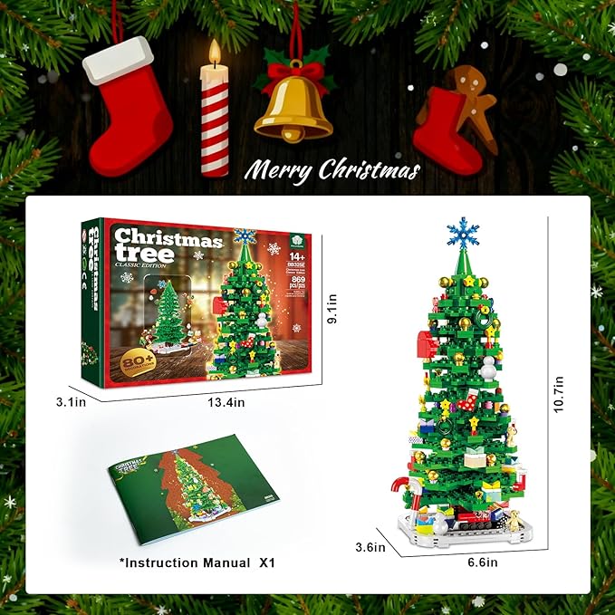 2025 Christmas Tree Building Blocks Kit Christmas Tree Toy Bricks Creative Home Decor Building Toys for 14+ Year Old Boys/Girls 869Pcs Deep Green