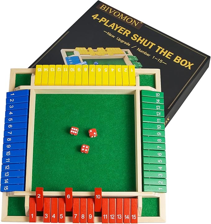 Upgrade Shut The Box Dice Game 1-4 Player Wooden Board Table Math Games with 16 Dices Classics Tabletop Version Games for Kids &amp Adults Home Classroom Party or Pub (14 Inches)
