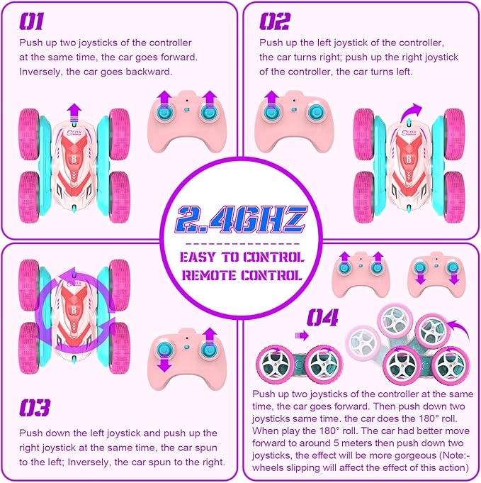 RC Stunt Cars Remote Control Car Double Sided 360° Flip Rotating 4WD 2.4Ghz Rechargeable Car Toy with Headlights For Outdoor &amp Indoor for 6-12 years old Kids Girls Boys Birthday Xmas Gift Pink