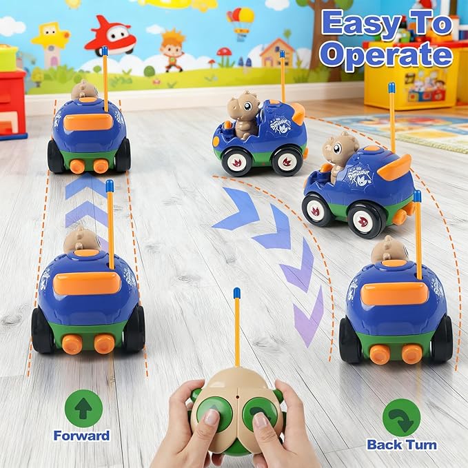 2-Pack RC Dinosaur Cars for Kids - Remote Control Dinosaur Toy Cars with Music and Lights Birthday Gift Toy for Boys Ages 2 3 4 5 Year Old and Toddlers 18+ Months