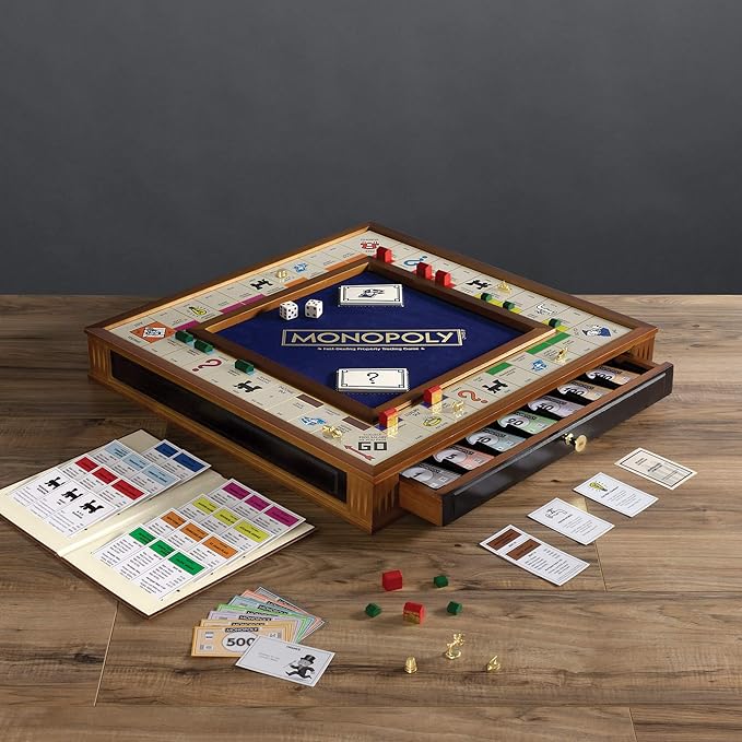 Monopoly Trophy Edition by WS Game Company — Premium 2-Tone Wooden Cabinet with 2 Storage Drawers | Gold-Tone Die-Cast Tokens | Wooden Houses and Hotels | Luxury Board Game for 2–6 Players