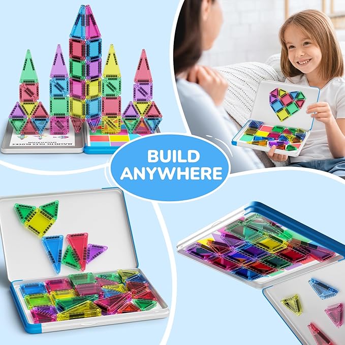 42PCS Mini Magnetic Tiles Travel Set with Iron Storage Box - Portable STEM Building Blocks for Kids 3-8 Montessori Educational Magnet Toys for Airplane Car Rides &amp On-The-Go Play
