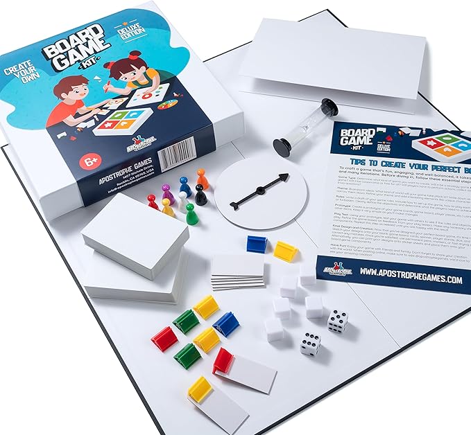 Create Your Own Board Game Set – DIY Kit with Blank Game Board Game Pieces Blank Cards Dice Spinner Rulebook Sand Timer – Build Your Own Game Kit - Deluxe Edition